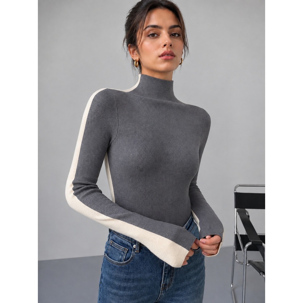 COMMENSE Gray Beige Two Tone Colorblock Mock Neck Long Sleeve Knit Top Size S
